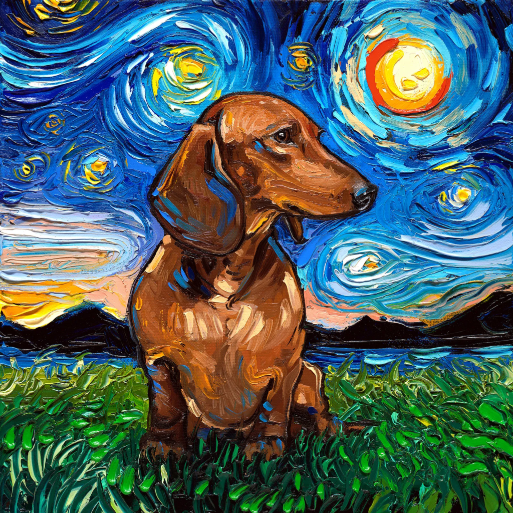 A painting of a dog in a field

Description automatically generated